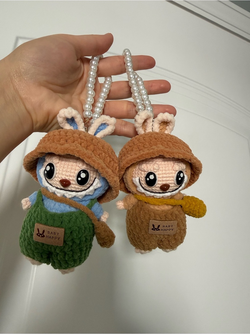 Handmade Crochet Labubu.Pink, brown & Green Plush Keychain. Stuffed Animal Charm